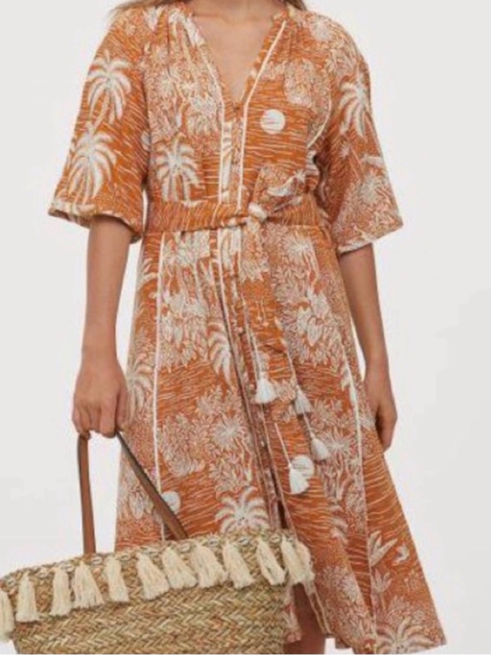 Desmond Dempsey X H&M Kaftan Dress Womens Small Midi Belted Tropical Button Up